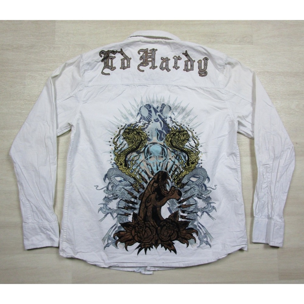 Vintage Ed Hardy Pearl Snap Shirt (XL)‎ Y2K McBling Dragon Tattoo Audigier
